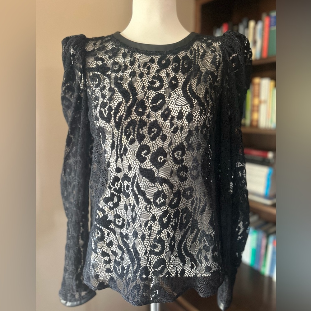 DKNY‎ Black Velvet Lace Leather Trim Blouse Top Medium $99 NWT